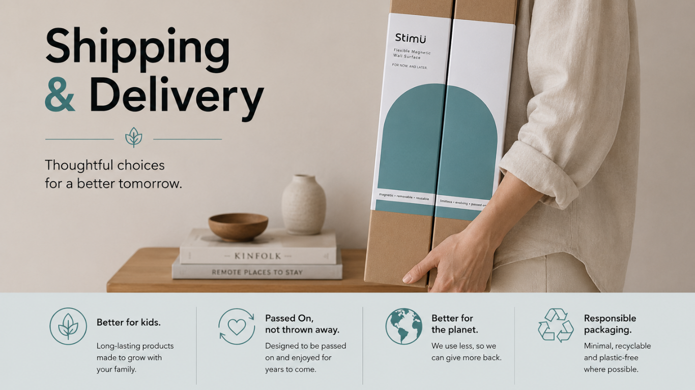 Person holding a cardboard box with a product inside, labeled 'Shipping & Delivery' and 'Thoughtful choices for a better tomorrow'.