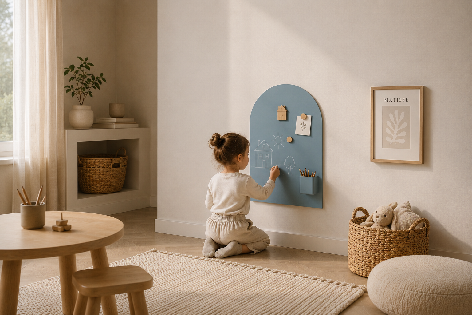 Child drawing on magnetic wall board
